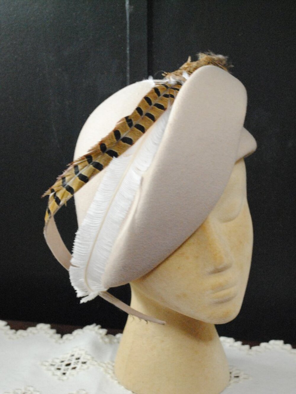 Vintage 1960s-70s Mr. John Classic Escello Taupe Wool Hat with Pheasant Feathers